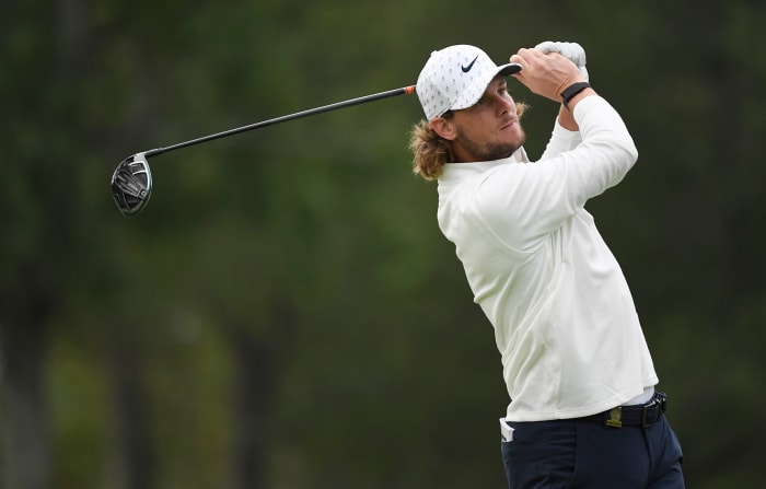 Thomas Pieters plays his shot from the sixth tee during the second round of the U.S. Open golf tournament at Winged Foot Golf Club - West.